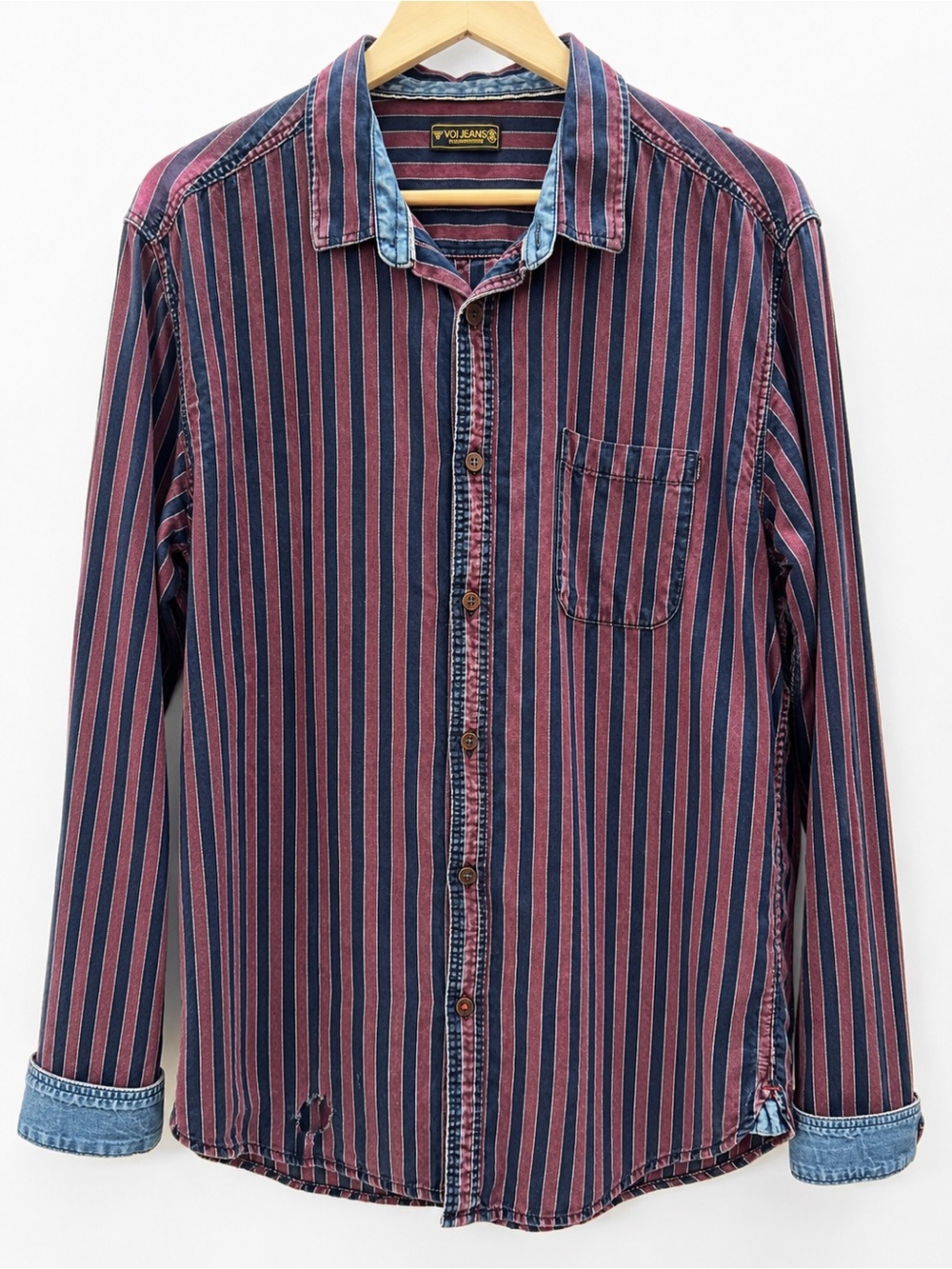 VOI Jeans Men’s XL Striped Button Up Shirt Red Blue Cotton Grunge Casual